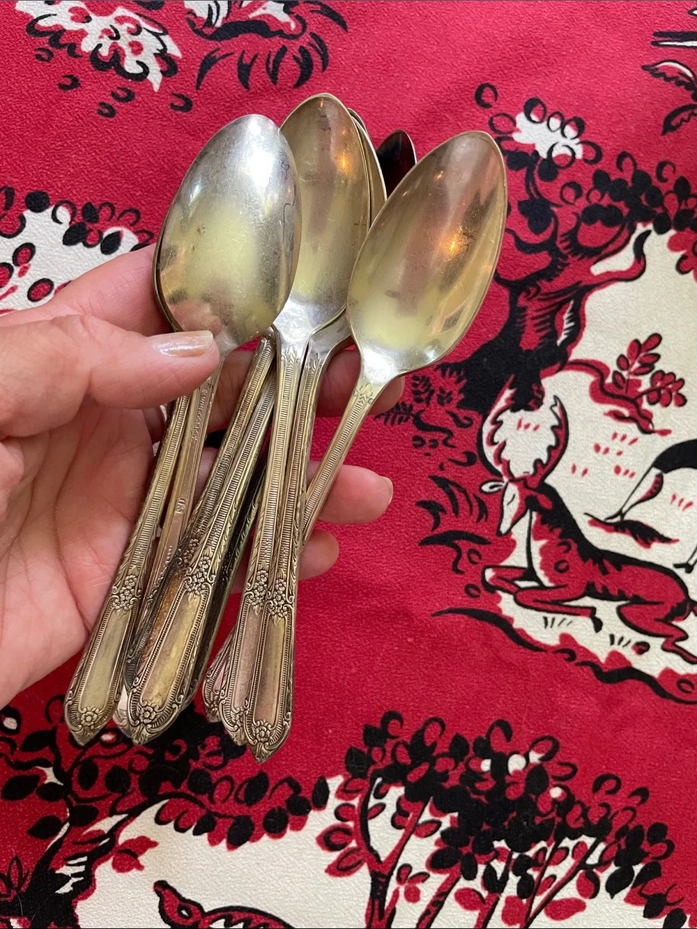 Set of 8 antique William Ro Silver-Tone Dessert Spoons — Classic Floral Handle